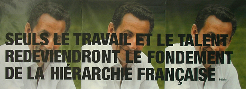 3/8 Juxtaposition par surimpression en sérigraphie d'une phrase d'un candidat avec ses affiches de campagne. (Pauline Lelièvre, Aurore Chassé, Noémi Preti).